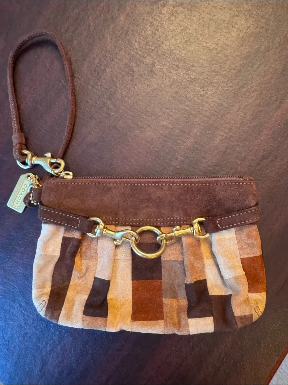 vintage Coach Hamptons Mosaic patchwork suede wristlet brown brass